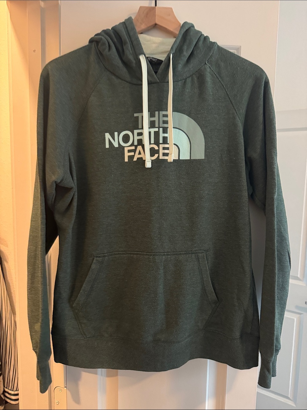 The North Face Men's Olive Green Crewneck Hoodie with White Logo